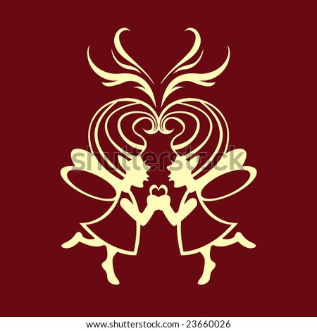 Vector  Illustration Silhouette of two simmetric fairies with magic heart on the middle.