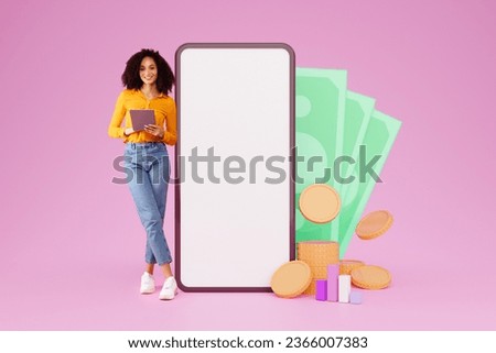 Positive pretty millennial black lady with digital tablet standing by huge phone with white blank screen, money cash and coins, trading on stocks, markets, money exchange, pink background, collage
