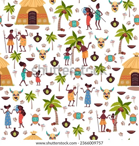 Seamless pattern with elements of African peoples lives. Aborigines and house. Cartoon flat isolated illustration. Decor textile, wrapping paper, wallpaper design. Vector concept