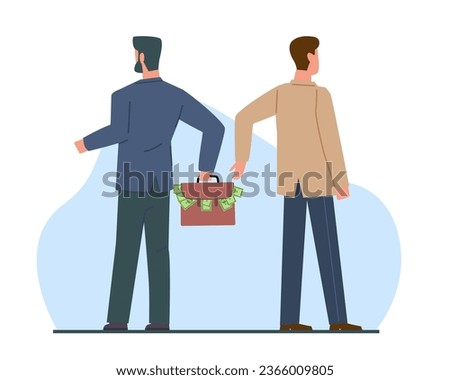 Concept of corruption, man hands another man suitcase full of money. Financial crime, giving bribe in cash, bribery in business. Bribery in business. Vector cartoon flat isolated illustration Royalty-Free Stock Photo #2366009805