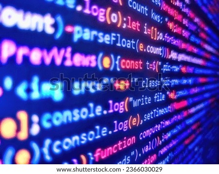 Programmer working in a software develop company office. Template of webs. Programmer occupation. Mobile app building. Photo of computer digital background. Digital binary data on computer screen