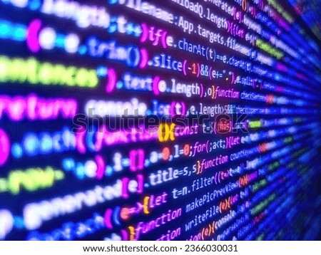 Abstract computer script about big data and blockchain database. Smears paint on fabric. Programmer developer screen. Developer software programming code. Computer program preview. Monitor photo