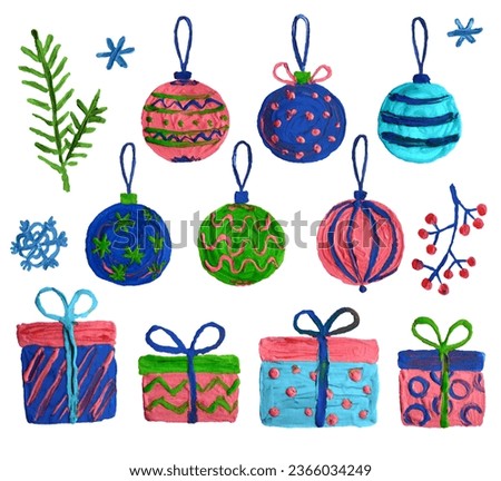 Christmas pretty cute funny decoration balls and gift box set. Hand painting acrylic, oil paint or gouache matte simple doodle kawaii art collection on white. Brush stroke kids style impasto texture