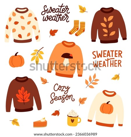 Set of autumn cute sweaters, leaves and lettering. Cozy pullover, jersey, warm clothes. Cartoon flat style. Isolated vector illustration 