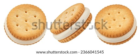 Sandwich cookies, vanilla cream filled biscuits isolated on white background, full depth of field Royalty-Free Stock Photo #2366041545