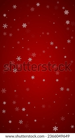 Snowy christmas background. Subtle flying snow flakes and stars on christmas red background. Delicate sweet snowy christmas. Vertical vector illustration.