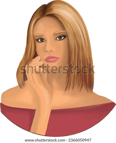 Hand-drawn Cute Girl Isolated Vector illustration, A detailed drawing of brunette woman wearing red shirt