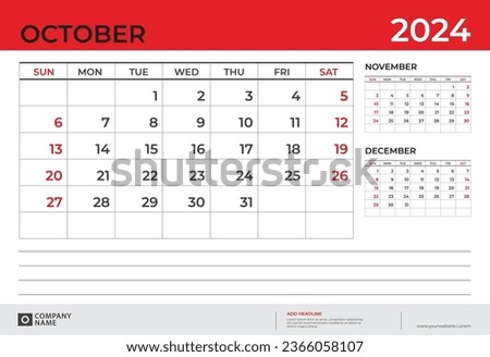 Desk Calendar 2024 design, October 2024 template, week start on sunday, Planner design, Wall calendar 2024  layout, stationery, Desk office, organizer office, vector eps10