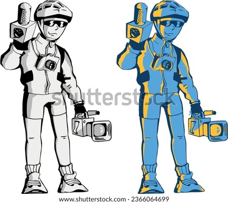 Cyclist biker character: reporter, journalist. Divided into layers for further painting. Isolated. Has example of painting on the artboard. Сharacter makes a series of plot drawings in the same style