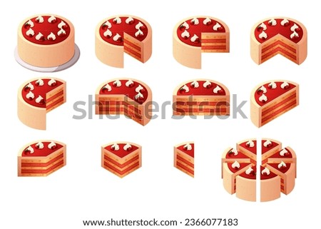 Cake parts. Isometric pie slices constructor, cartoon whole cakes cut on piece with creamy topping, pies fractions sliced pastry food, bakery desserts garish vector illustration of pie cake dessert Royalty-Free Stock Photo #2366077183