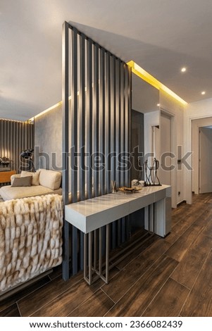 Gray partition wall in modern living room interior Royalty-Free Stock Photo #2366082439