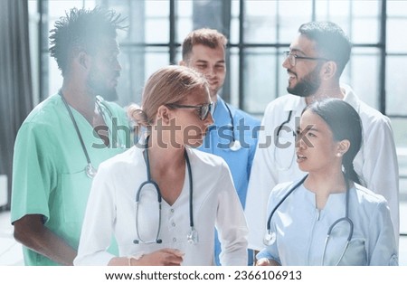 Portrait team professional doctors. The staff of the medical faculty. multinational people - doctor, nurse and surgeon. Royalty-Free Stock Photo #2366106913