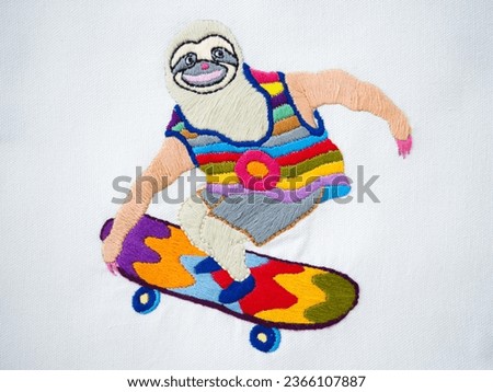 happy funny sloth skate skateboard cartoon character animal art design illustration embroidery needlework hand craft sewing handmade woman hobby handicraft collage pattern canvas textile background