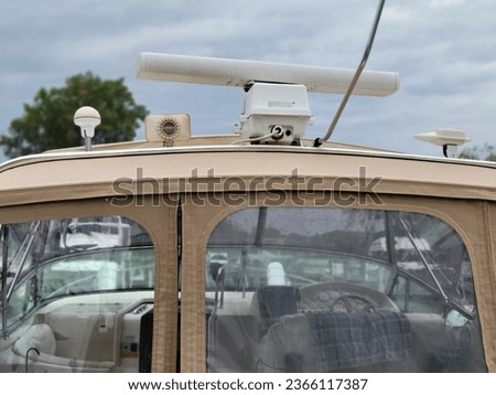 Boating: Navigation Equipment. Instrument on the Top of the Motorboat. Vertical Photography. motor boat Radar. yacht 