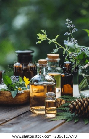 Natural organic essential oil in small glass bottles on wooden background. Homemade production for spa, sauna, bath. Relaxation, alternative medicine, remedy, naturopathy, pure ingredients Royalty-Free Stock Photo #2366117693