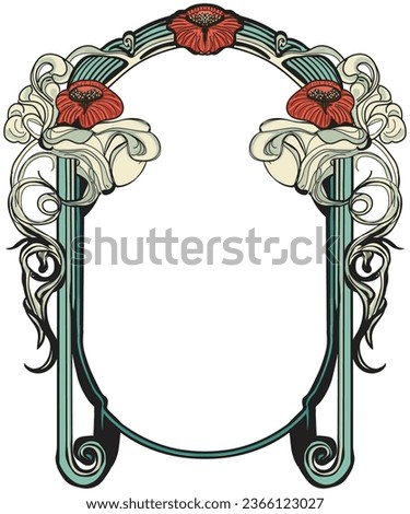 Red poppy art nouveau style frame, black line work