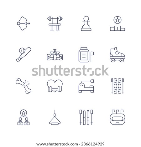 Sports icon set. Thin line icon. Editable stroke. Containing archery, baseball, broken bone, competition, excercise, formula one, heart, kitesurfing, pawn, position, protein, roller skate.