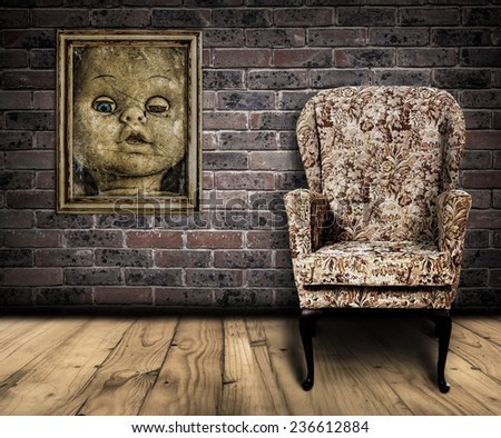 Abstract and surreal of a spooky room with old retro chair and old dolls photograph.
