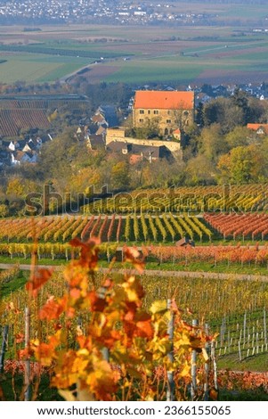 Baden-Württemberg, wine landscape in autumn at Michaelsberg near Cleebronn, with view to Cleebronn Castle Royalty-Free Stock Photo #2366155065