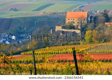 Baden-Württemberg, wine landscape in autumn at Michaelsberg near Cleebronn, with view to Cleebronn Castle Royalty-Free Stock Photo #2366156541