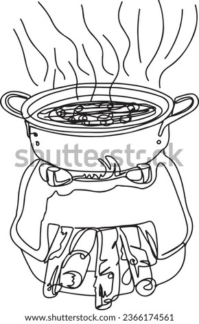 Cooking on Open Fire in Village Hotel - Traditional Kitchen Clip Art, Bio Wood Fuel Cooking in Rural India - Cartoon Sketch Art, Pots and Pans on Stove - Traditional Food Preparation Vector