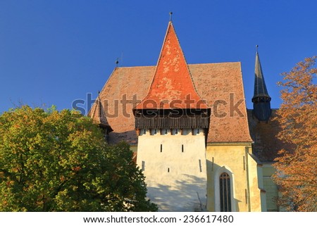 Defensive tower of fortified church from UNESCO world heritage list in Biertan village, Transylvania, Romania