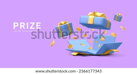 3d realistic open gift box and falling gold coins.  Concept for cryptocurrency bonus. You win prize. Vector illustration Royalty-Free Stock Photo #2366177343