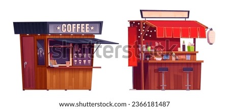 Set of street food and drink stalls isolated on white background. Vector cartoon illustration of coffee shop with paper cup and sugar sticks near window, asian cuisine kiosk with bowl of hot soup Royalty-Free Stock Photo #2366181487