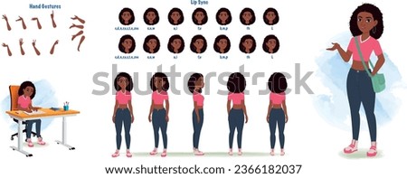 Set of african student design. Character Model sheet. Front, side, back view animated character. School girl character creation set with various views, poses and gestures. Cartoon style, flat vector i Royalty-Free Stock Photo #2366182037