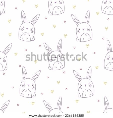 Cute line Easter background with baby bunnies and fun doodle elements. Hand drawn seamless vector pattern for kids room decor, nursery art, packaging, wrapping paper, textile, fabric, wallpaper, gift.