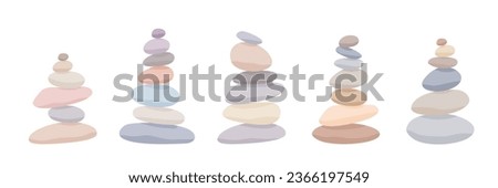 Balance stone pyramid collection. Pebble harmony tower in pastel colors. Zen, meditation, relaxing or tranquility vector concept set isolated on white background. Royalty-Free Stock Photo #2366197549