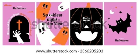 Happy Halloween. Set of cute Vector flat cartoon cards with grave with zombie hand, bat, pumpkin, ghosts, and Halloween wishes. Trendy flat design for decoration, ads, greetings, banner, poster, cover