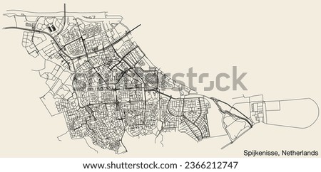 Detailed hand-drawn navigational urban street roads map of the Dutch city of SPIJKENISSE, NETHERLANDS with solid road lines and name tag on vintage background