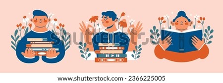 Persons, who love books. Young man, woman, who holding open book, stack of books, show okay gesture. Set of abstract people with plants, flowers on background. Clip arts with book lovers.