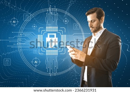 Attractive thoughtful young businessman using tablet with creative glowing padlock hologram on blurry background with various icons and circuit. Safety, chip and security concept