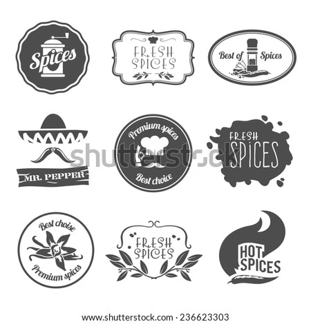 Fresh premium spices hot black labels emblems and stamps set isolated  illustration