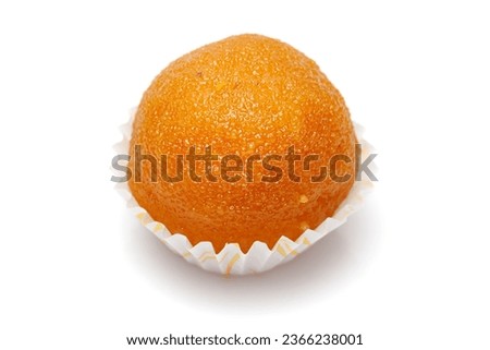 Close-Up of an Indian Sweet "Motichoor Ladoo" also Called Boondi Ladoo. Isolated over a white background. Royalty-Free Stock Photo #2366238001