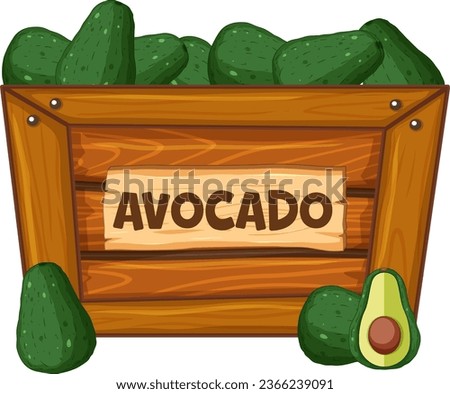 Vector cartoon illustration of avocado in a wooden box with a sign banner