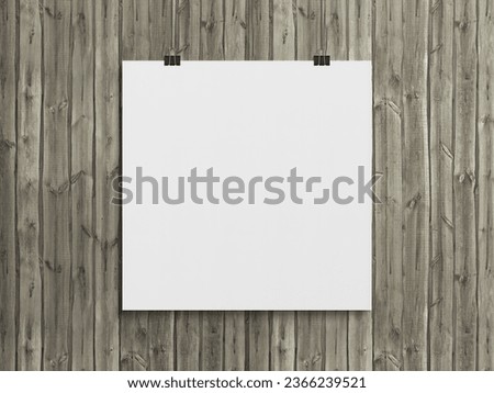 Blank squared poster hanging with clips on a wood wall Mockup. Empty frame 3D rendering