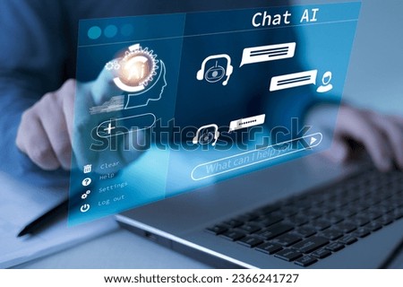 Man using a laptop computer chatting with an intelligent artificial intelligence asks for the answers he wants. Smart assistant futuristic,Chat with AI or Artificial Intelligence technology.