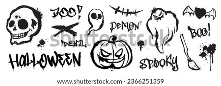 Set of graffiti spray pattern. Collection of halloween symbol, ghost spirit, skull, pumpkin with spray texture. Elements on white background for sticker, banner, decoration, street art, halloween.