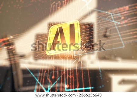 Double exposure of creative artificial Intelligence icon and modern desktop with laptop on background. Neural networks and machine learning concept