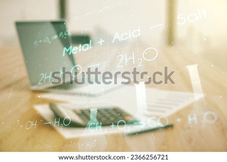 Creative chemistry hologram on calculator and pc background, pharmaceutical research concept. Multiexposure