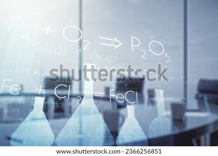 Abstract virtual creative chemistry hologram on a modern conference room background. Multiexposure Royalty-Free Stock Photo #2366256851