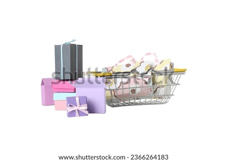 PNG, shopping basket with gifts isolated on white background. Royalty-Free Stock Photo #2366264183