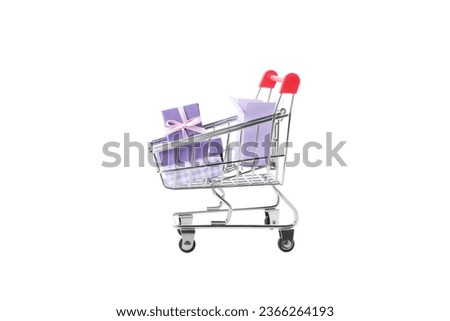 PNG, shopping basket with gifts isolated on white background.
