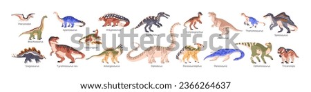 Dinosaurs set. Tyrannosaurus, triceratops, stegosaurus, spinosaurus, diplodocus, pteranodon, brachiosaurus. Ancient animals, reptiles of Jurassic era. Dino flat isolated vector illustration on white Royalty-Free Stock Photo #2366264637