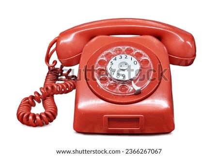 Old vintage red home landline telephone isolated white background Royalty-Free Stock Photo #2366267067