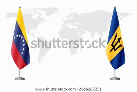 Venezuela and Barbados flags for official meeting against background of world map.