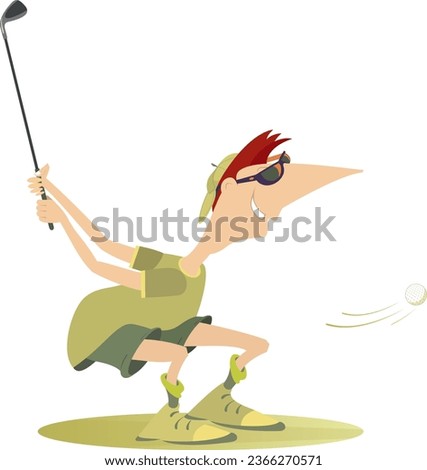 Golfer man on the golf course. 
Golf course. Cartoon golfer man aiming to do a good shot. Isolated on white background
